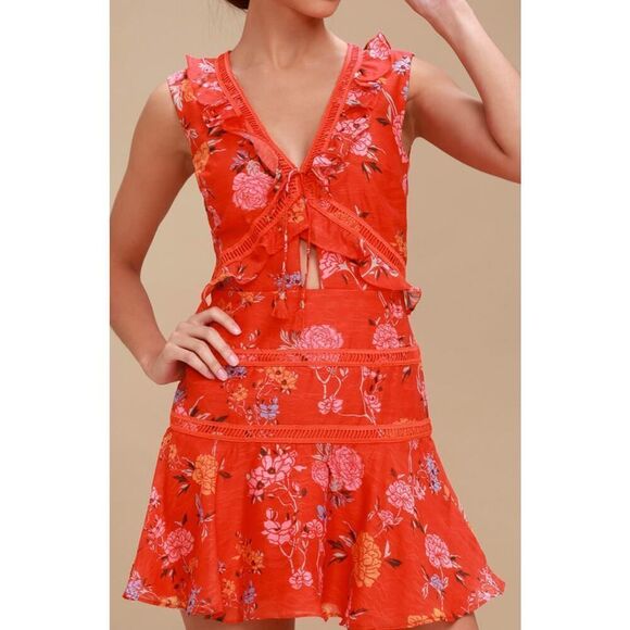 Finders Keepers Flicker Coral Red Floral Print Mini Dress Sz. M - Picture 1 of 8